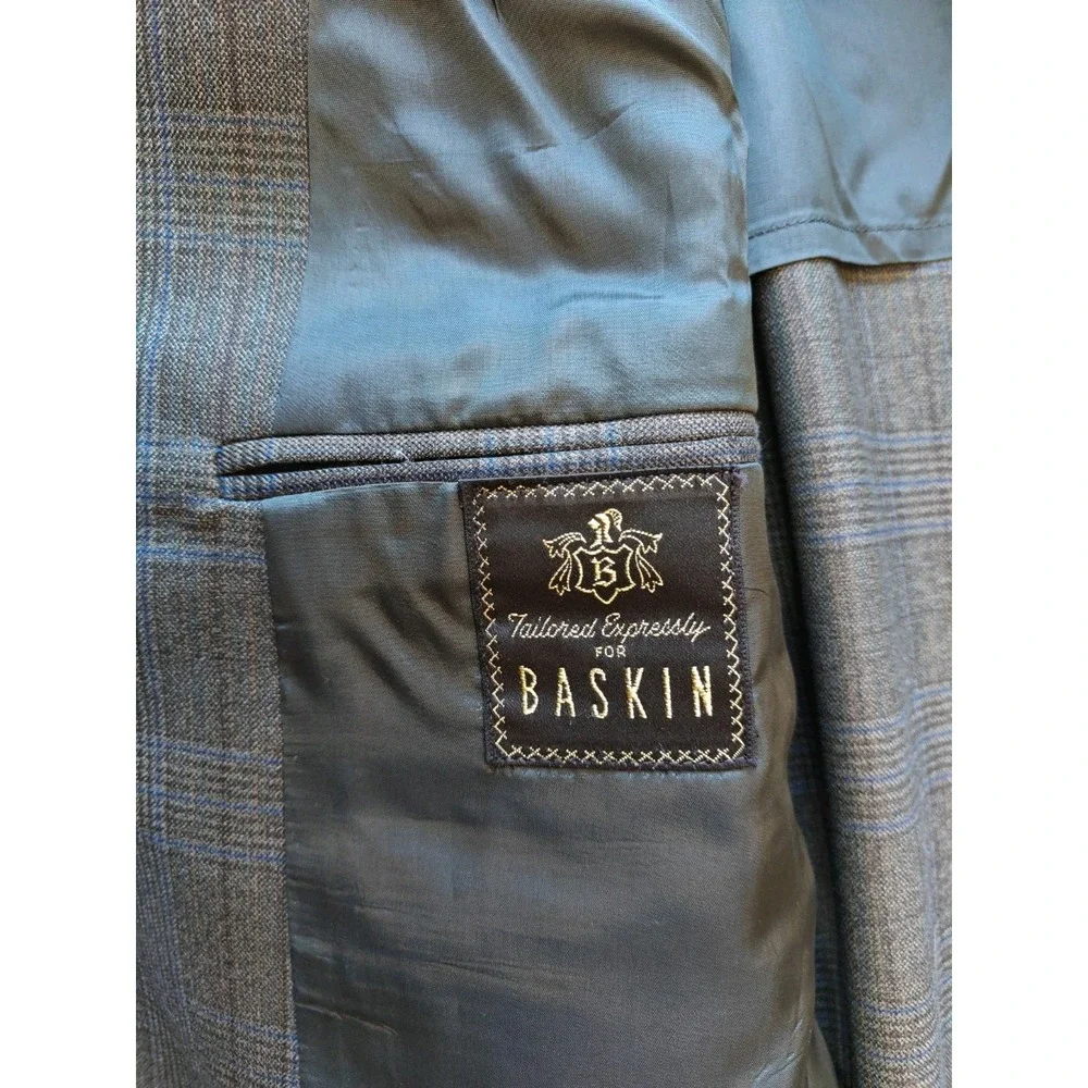 Baskin Mens Wool Sports Coat 46R Olive Glen Plaid USA Vintage 2 Button Blazer